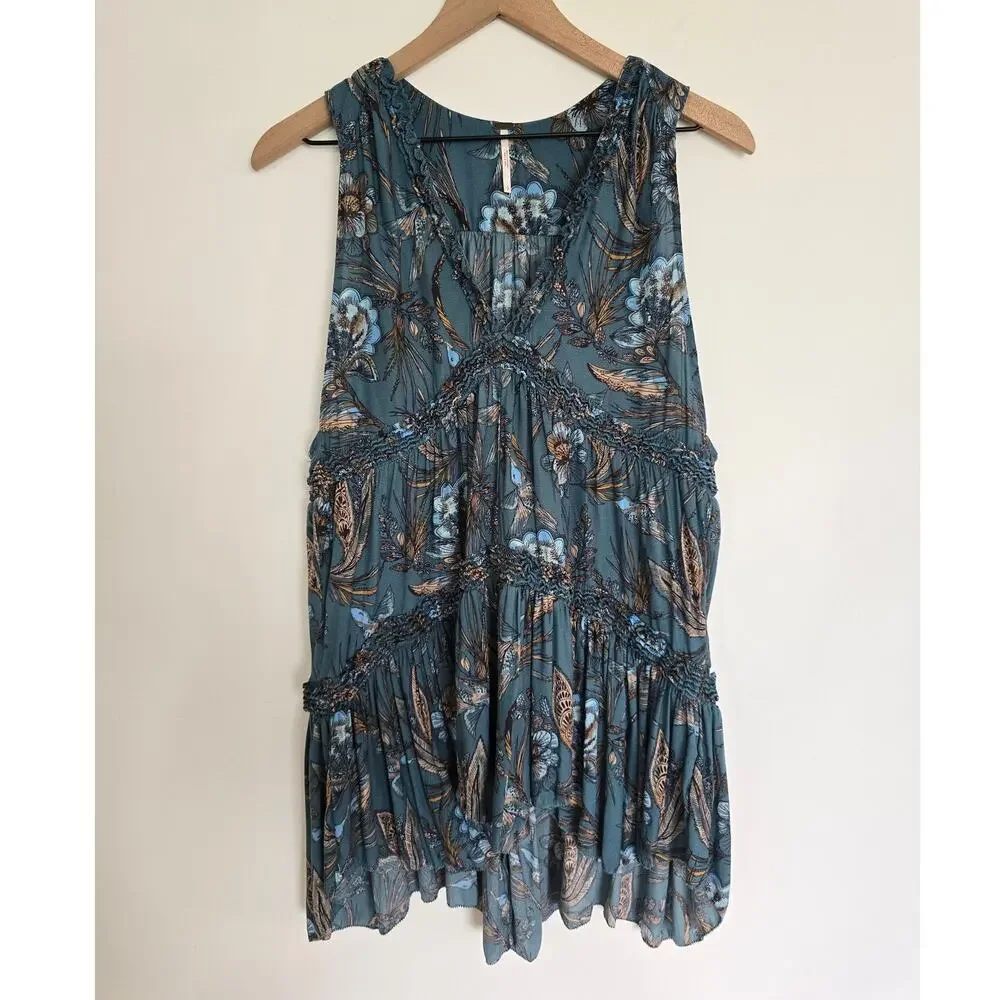 Free People Blue Haze Floral Tunic Top Boho Sleeveless Size S